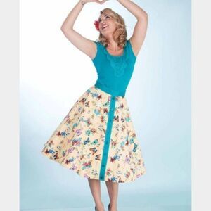 Tatyana Beige Butterfly Print High Waist Full Swing Circle‎ Skirt Small